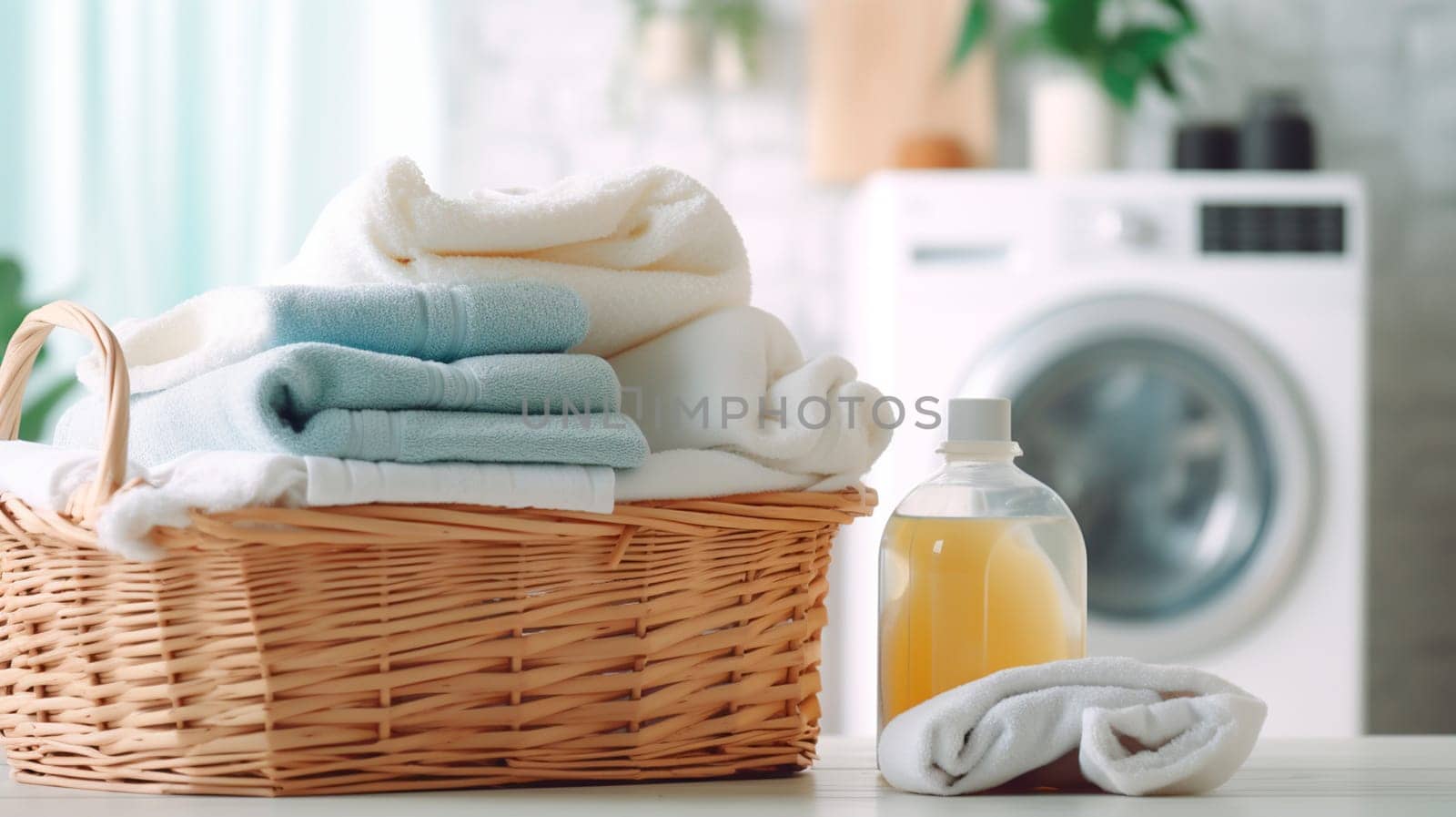 washing towels and detergents in the bathroom. Selective focus. White.