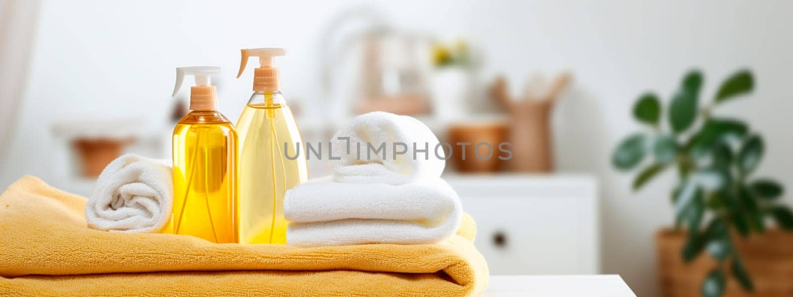 washing towels and detergents in the bathroom. Selective focus. White.