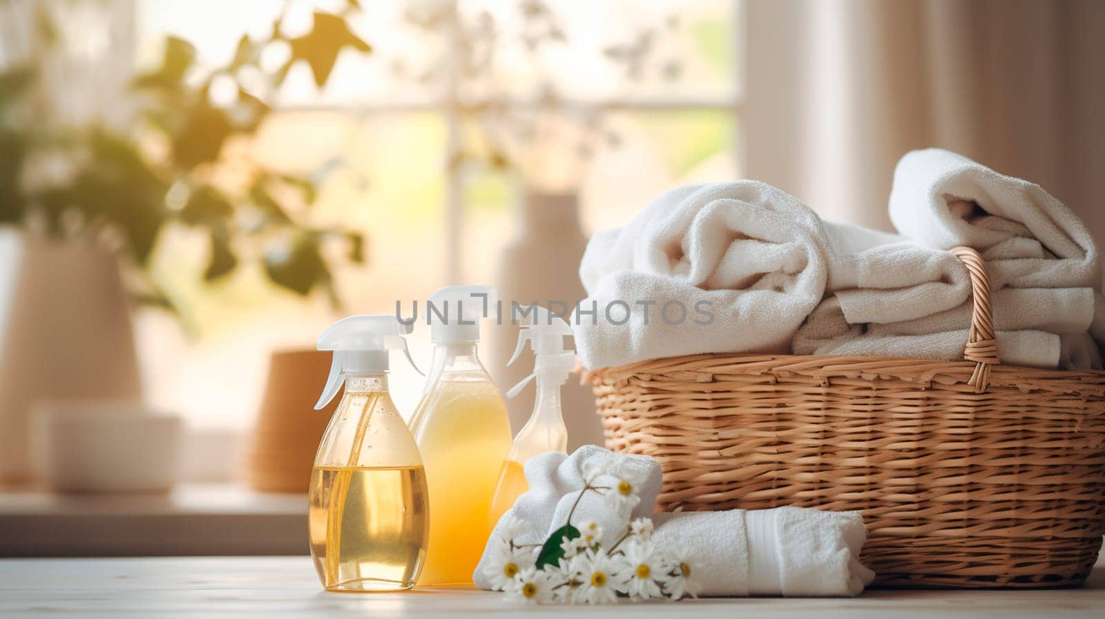 washing towels and detergents in the bathroom. Selective focus. White.