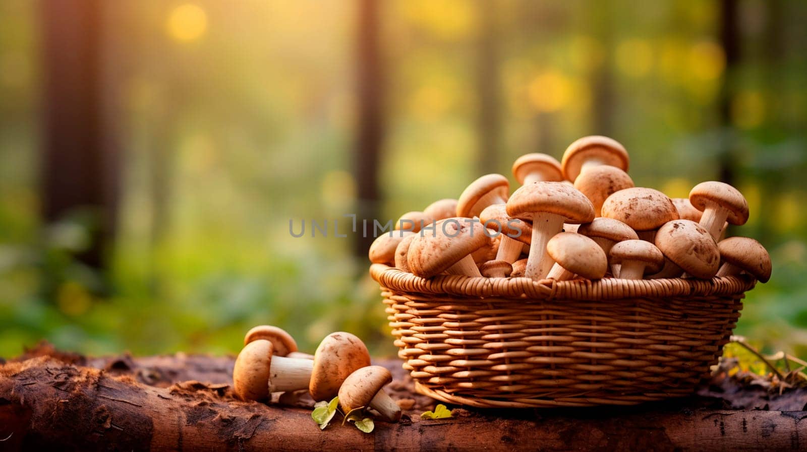 Edible mushrooms against a forest background. Selective focus. Food.