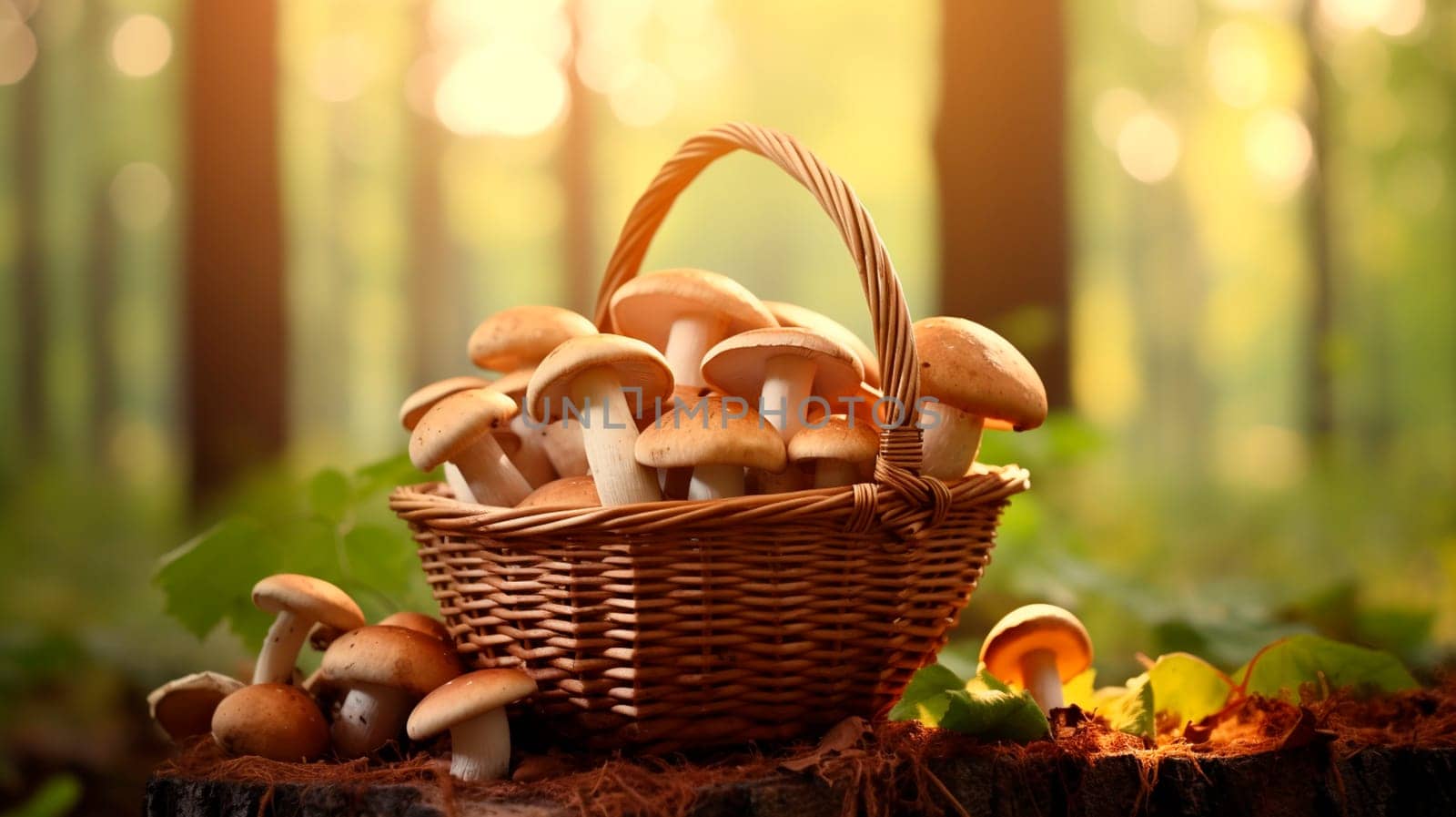 Edible mushrooms against a forest background. Selective focus. Food.