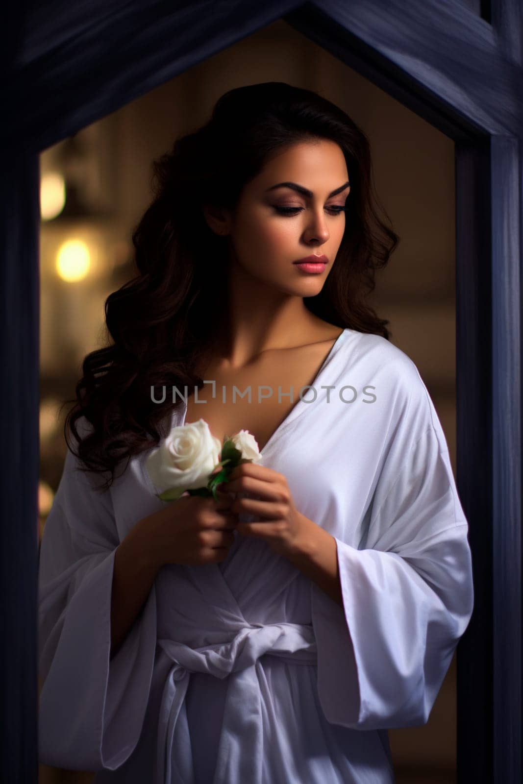 Beautiful woman in a bathrobe in the bathroom. Selective focus. Spa.