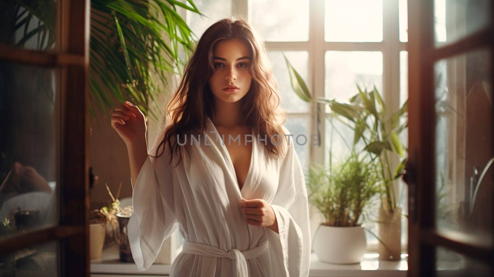 Beautiful woman in a bathrobe in the bathroom. Selective focus. Spa.