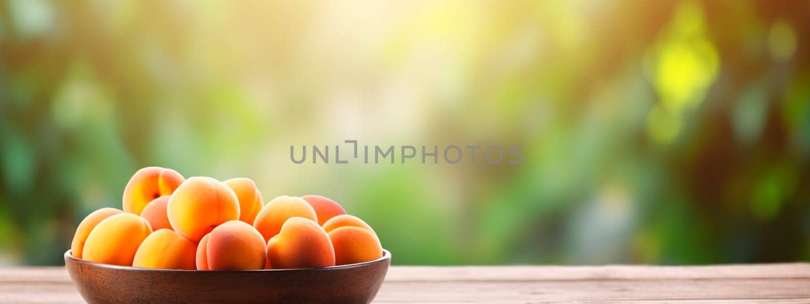 Apricots in a bowl against the backdrop of the garden. Selective focus. Food.