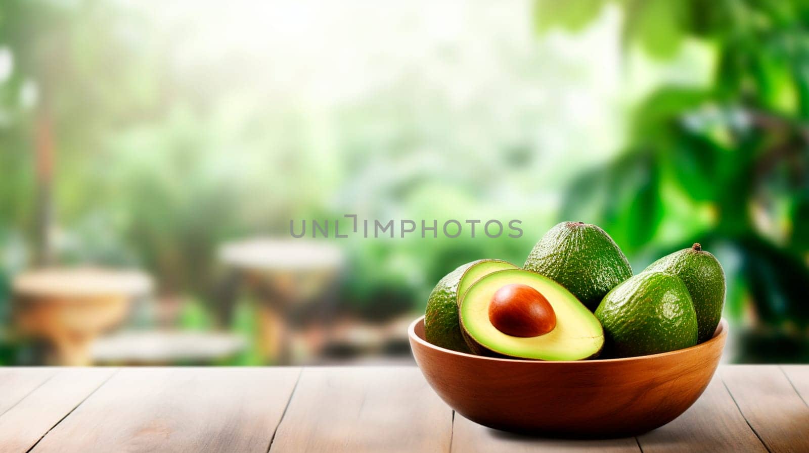 Avocado harvest in a bowl on a garden background. Selective focus. by yanadjana