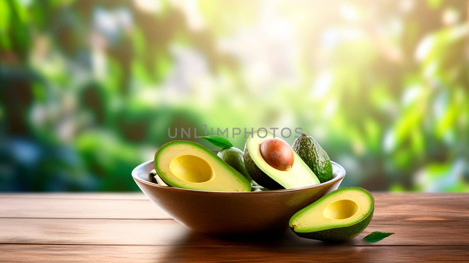 Avocado harvest in a bowl on a garden background. Selective focus. by yanadjana