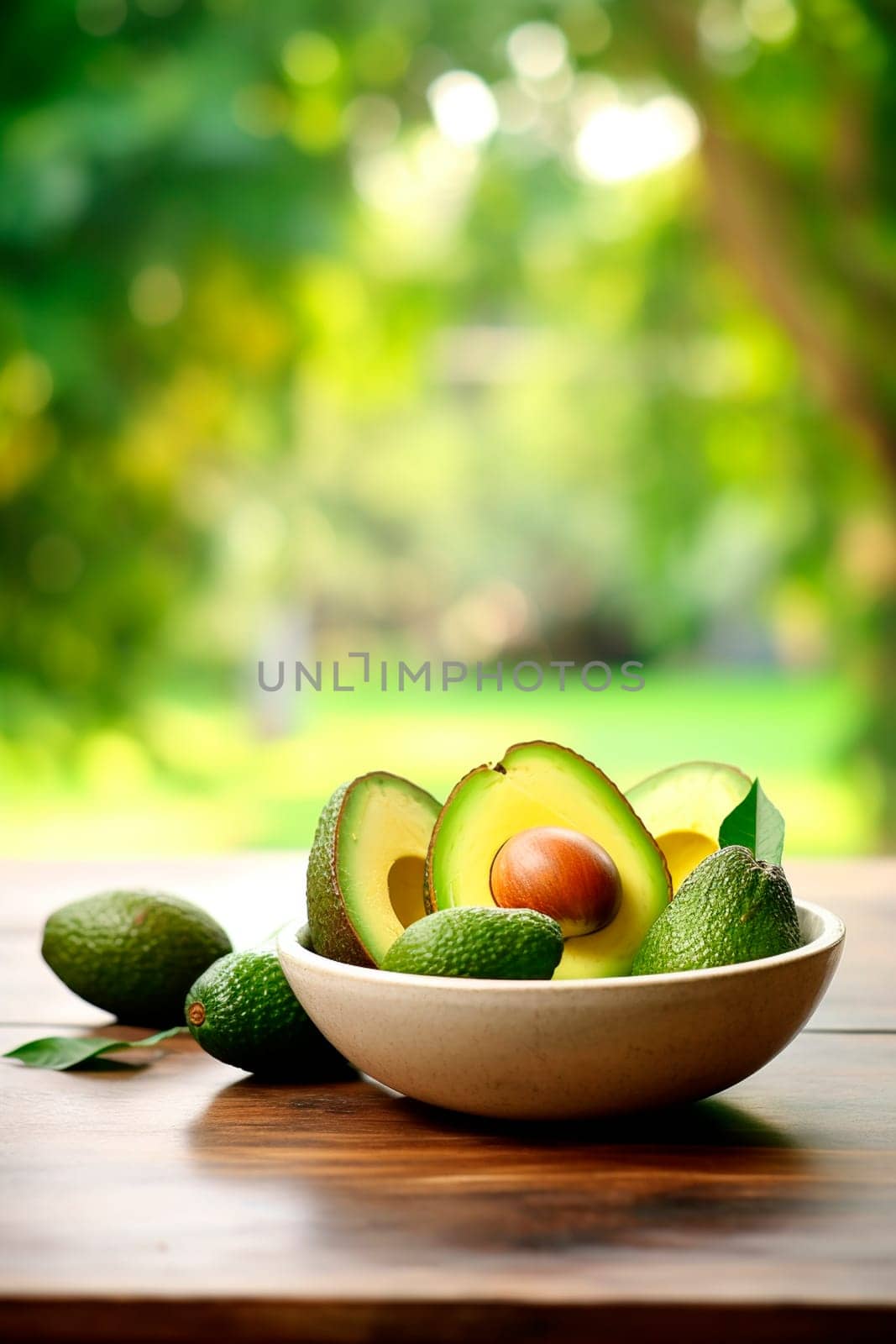 Avocado harvest in a bowl on a garden background. Selective focus. Food.