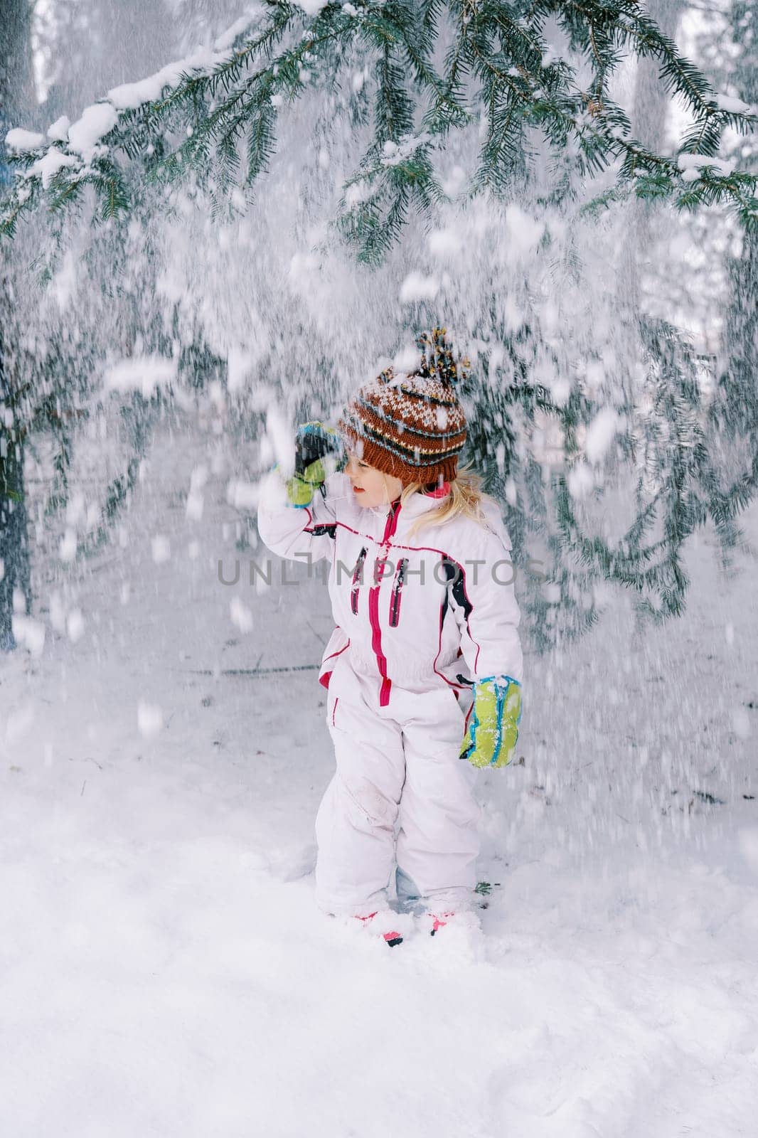 Little girl in a ski suit stands adjusting her hat under snowfall from a Christmas tree in the forest. High quality photo