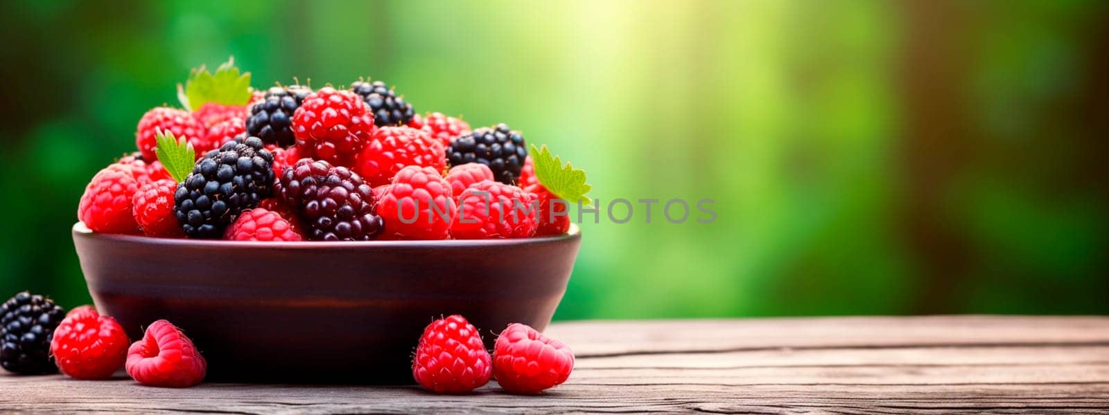 Various berries in a bowl against the backdrop of the garden. Selective focus. Food.