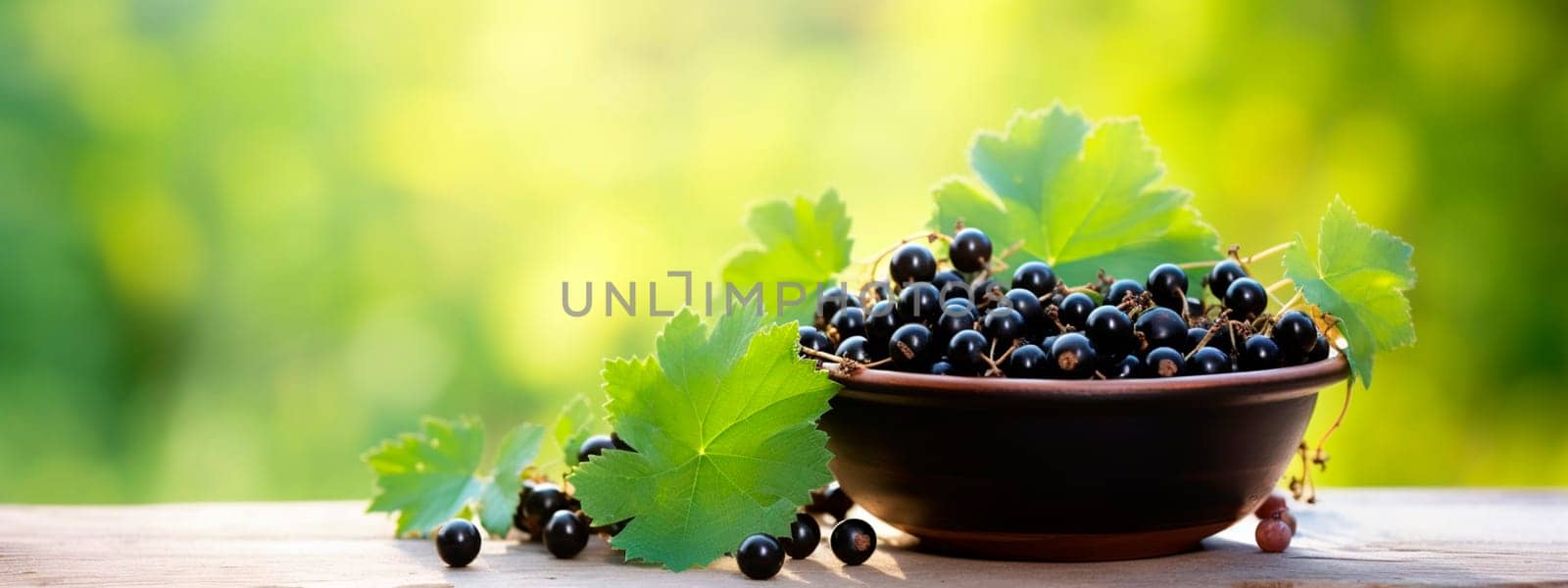 Black currant berries in a bowl against the backdrop of the garden. Selective focus. Food.