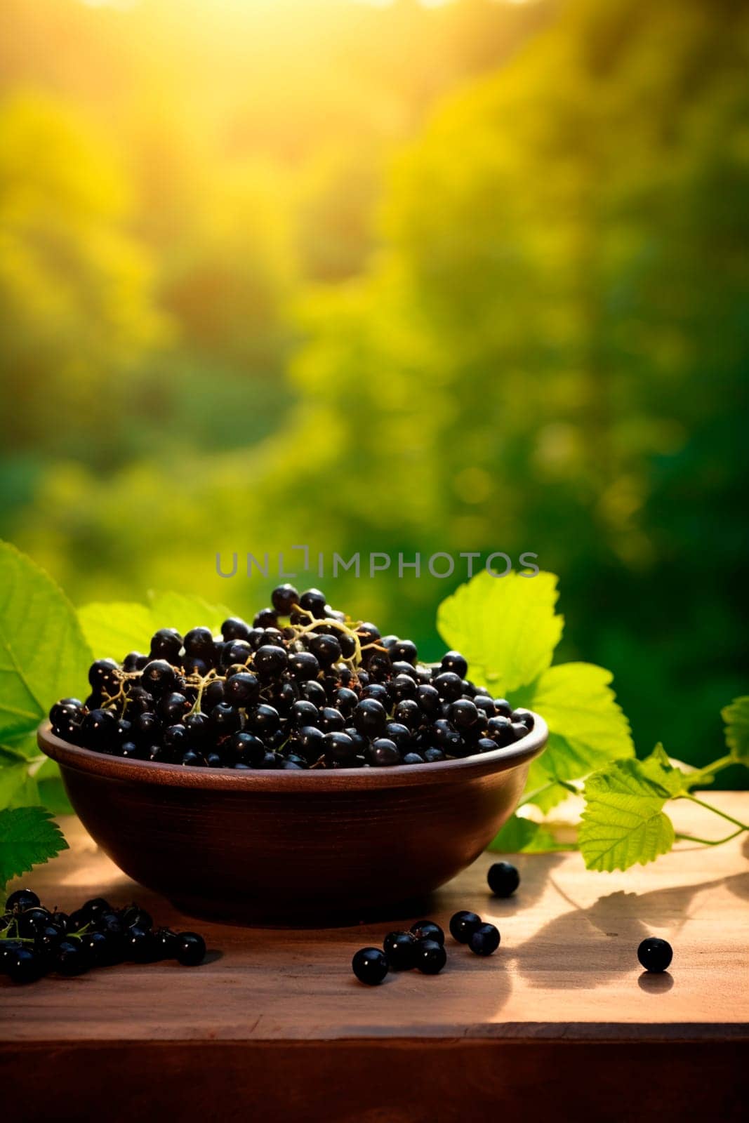 Black currant berries in a bowl against the backdrop of the garden. Selective focus. Food.