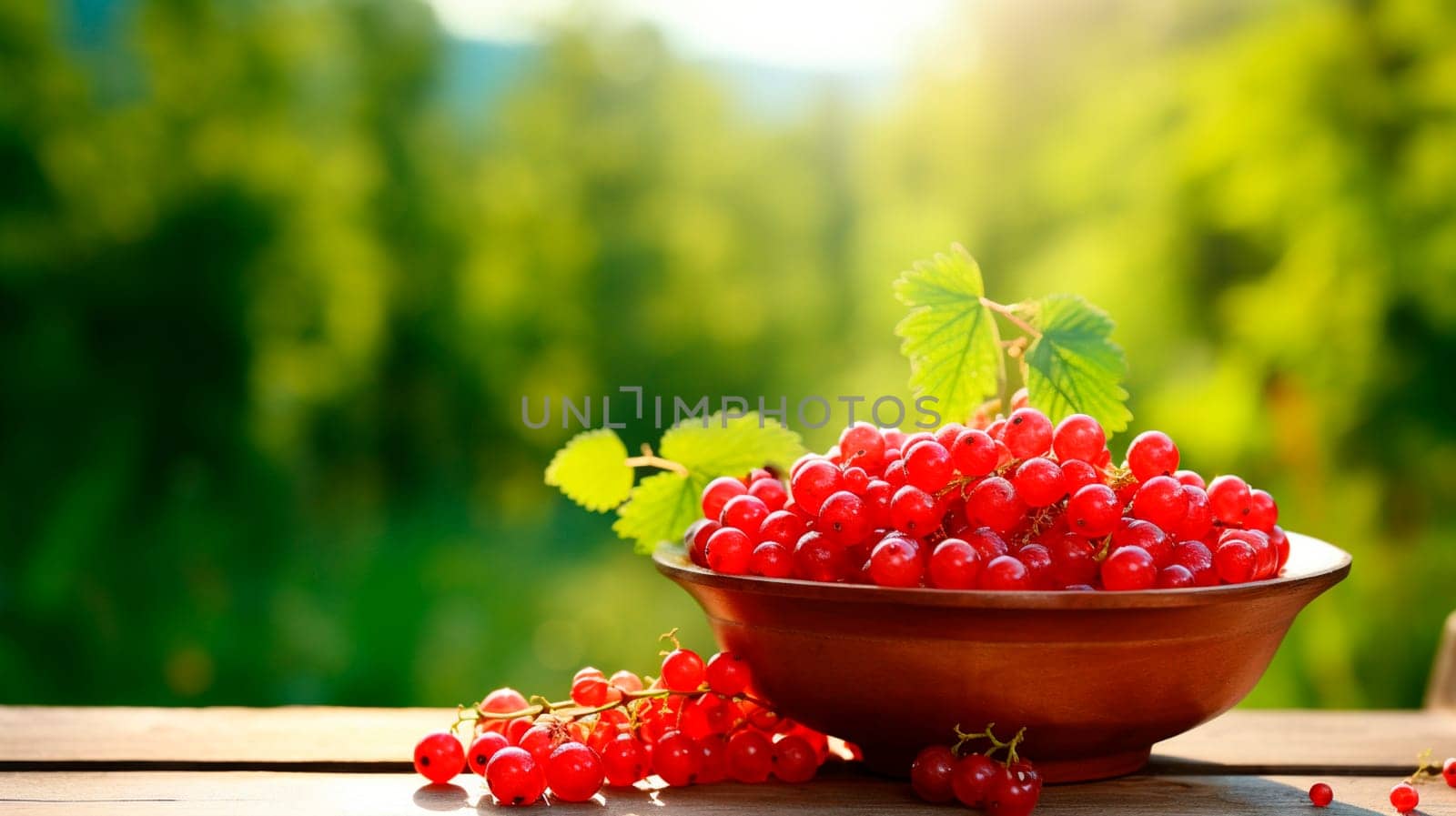 red currant berries in a bowl against the backdrop of the garden. Selective focus. Food.