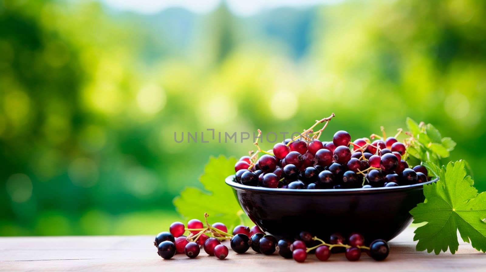Black red currant berries in a bowl against the backdrop of the garden. Selective focus. by yanadjana