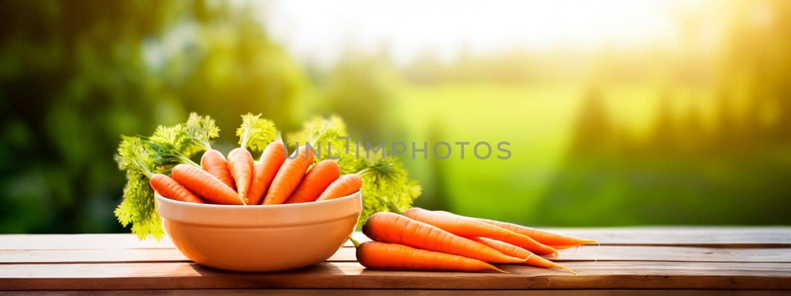 Carrots in a bowl against the backdrop of the garden. Selective focus. Food.
