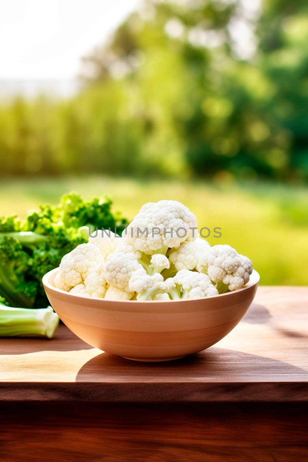 Cauliflower in a bowl against the backdrop of the garden. Selective focus. Nature.