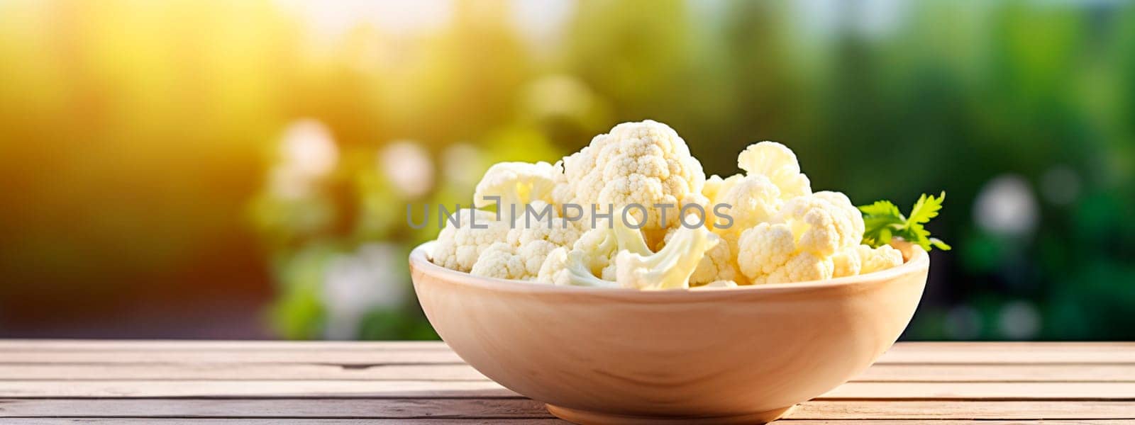 Cauliflower in a bowl against the backdrop of the garden. Selective focus. by yanadjana