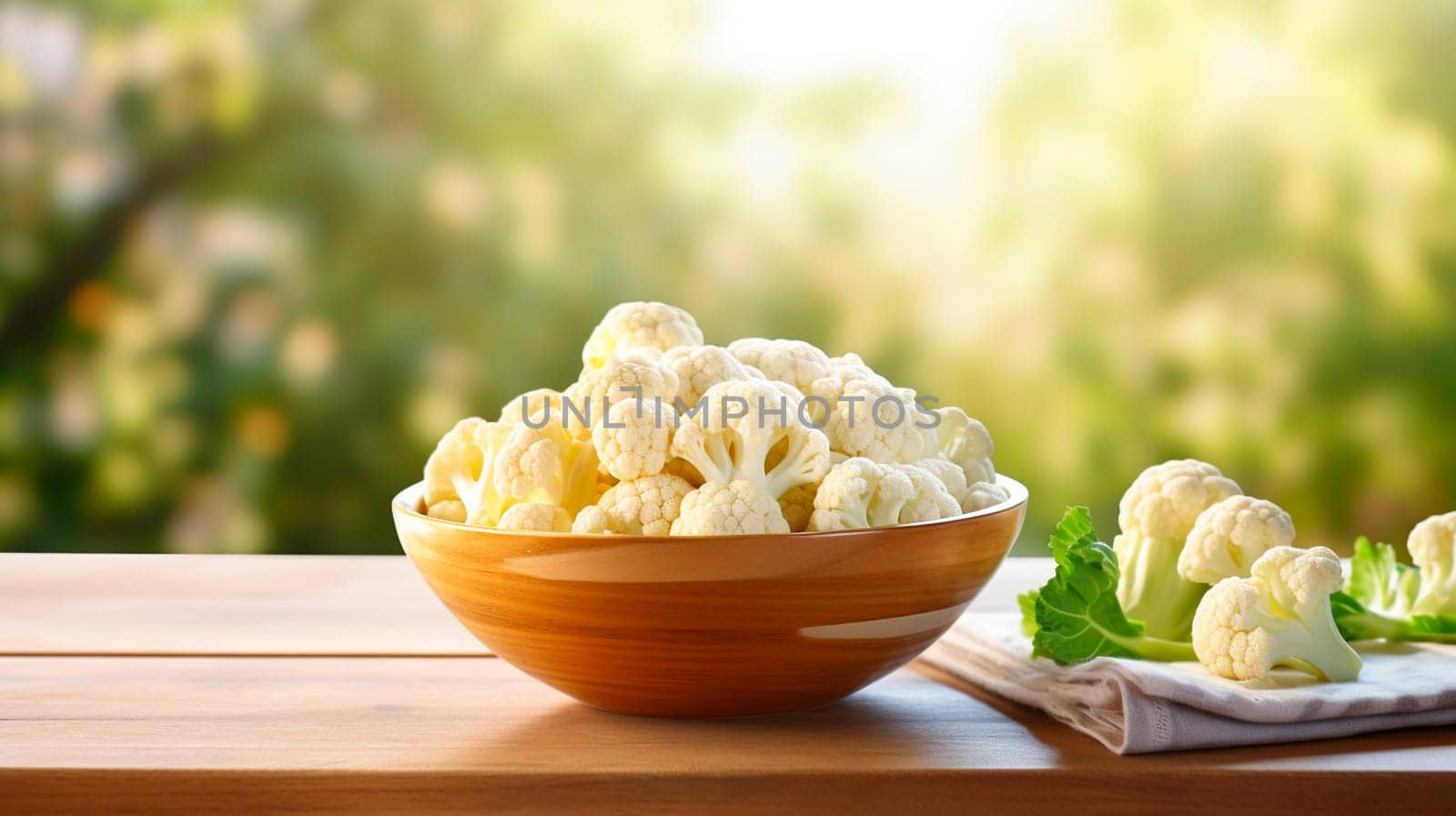 Cauliflower in a bowl against the backdrop of the garden. Selective focus. by yanadjana