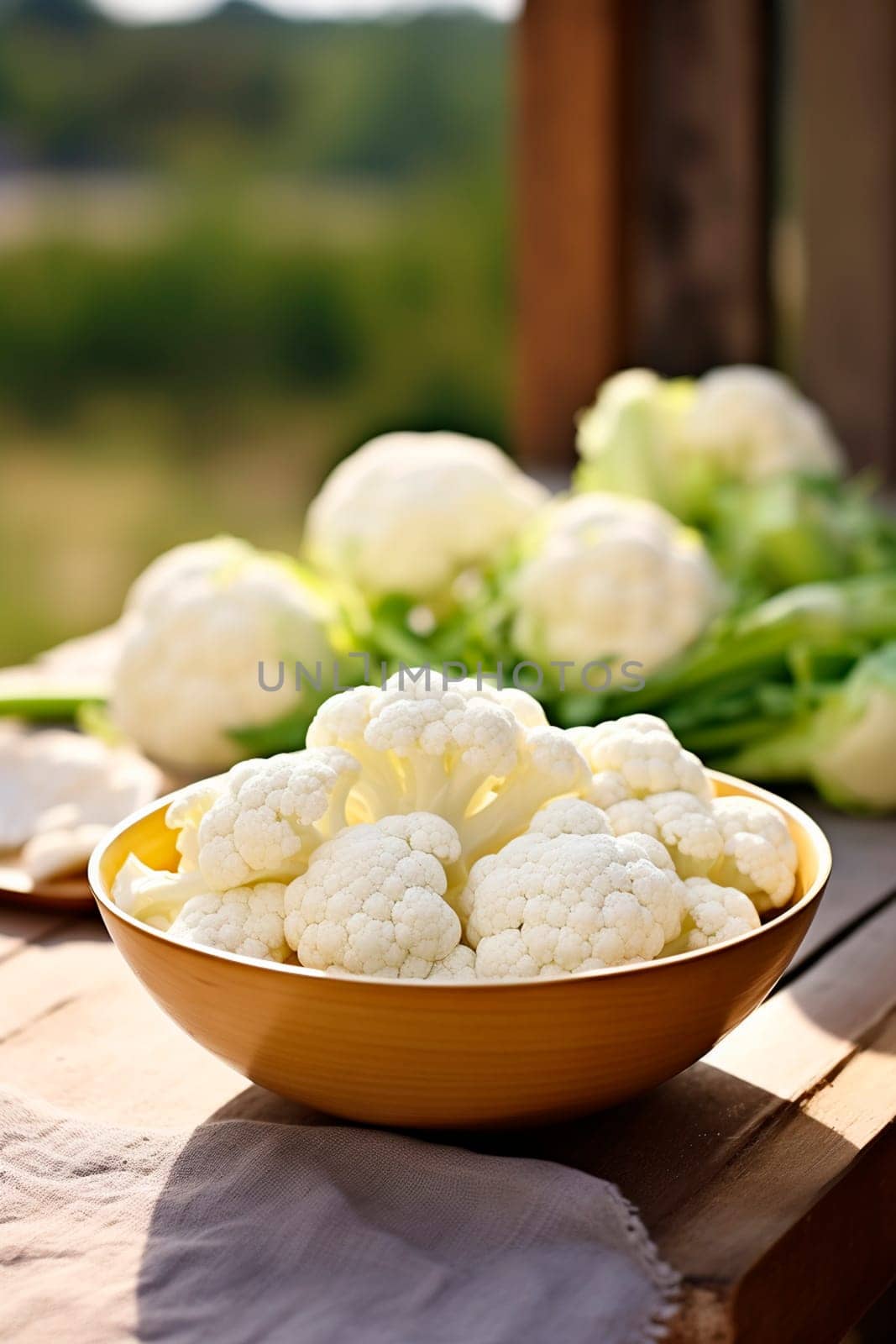 Cauliflower in a bowl against the backdrop of the garden. Selective focus. Nature.