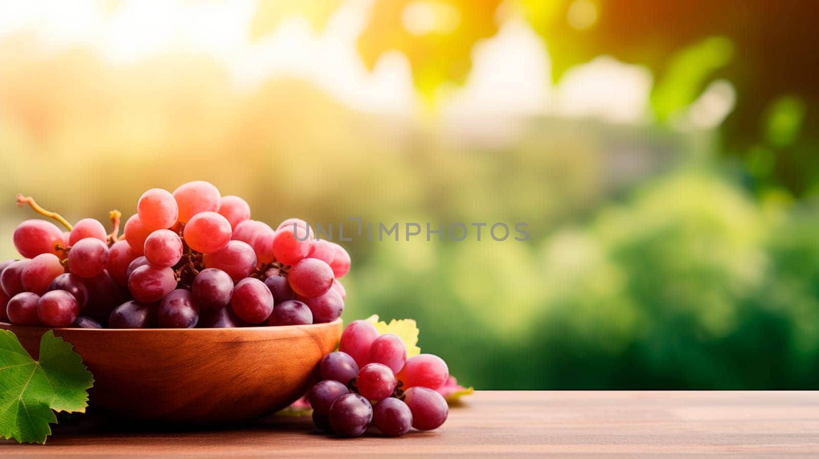 Grapes in a bowl against the backdrop of the garden. Selective focus. by yanadjana