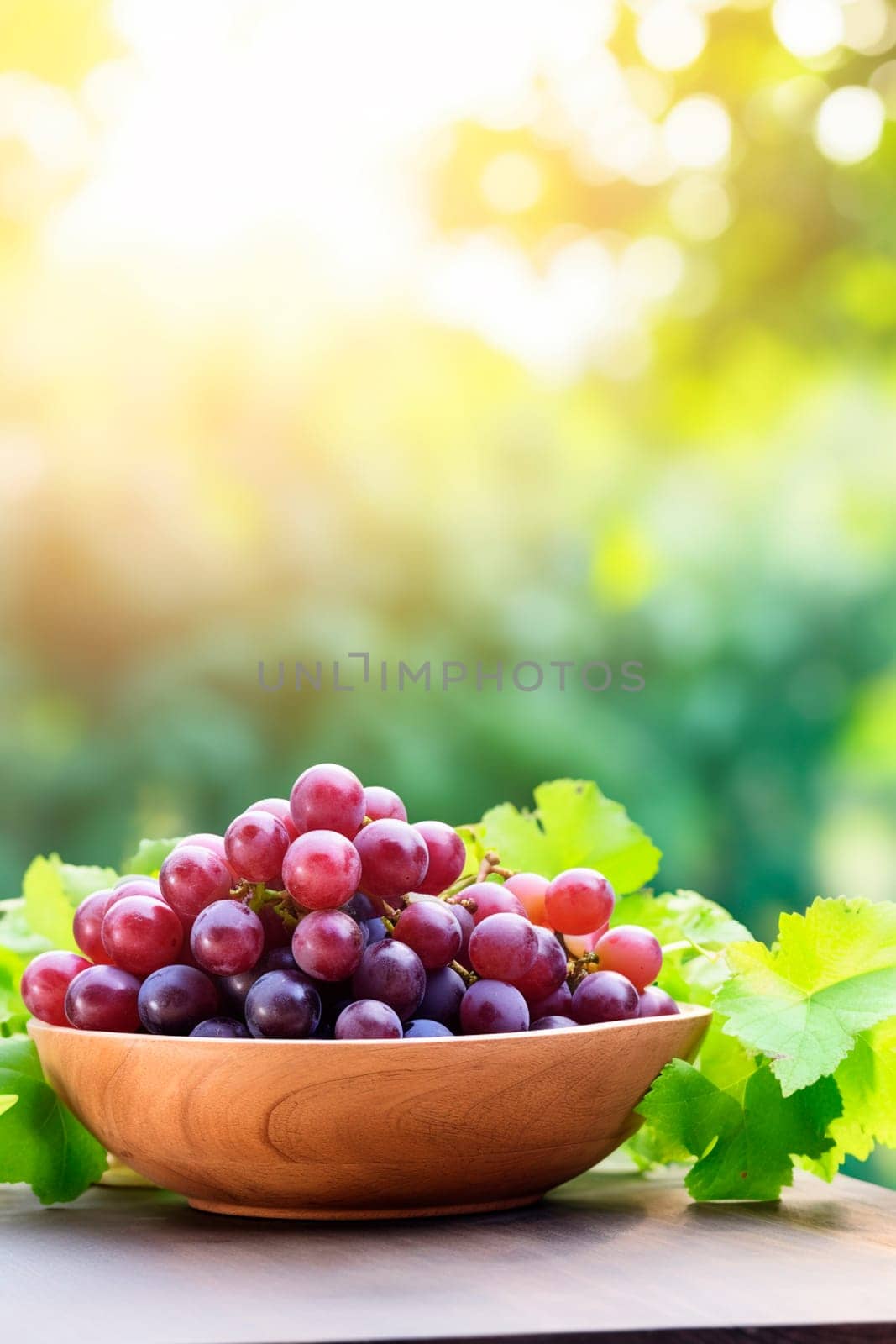 Grapes in a bowl against the backdrop of the garden. Selective focus. Food.