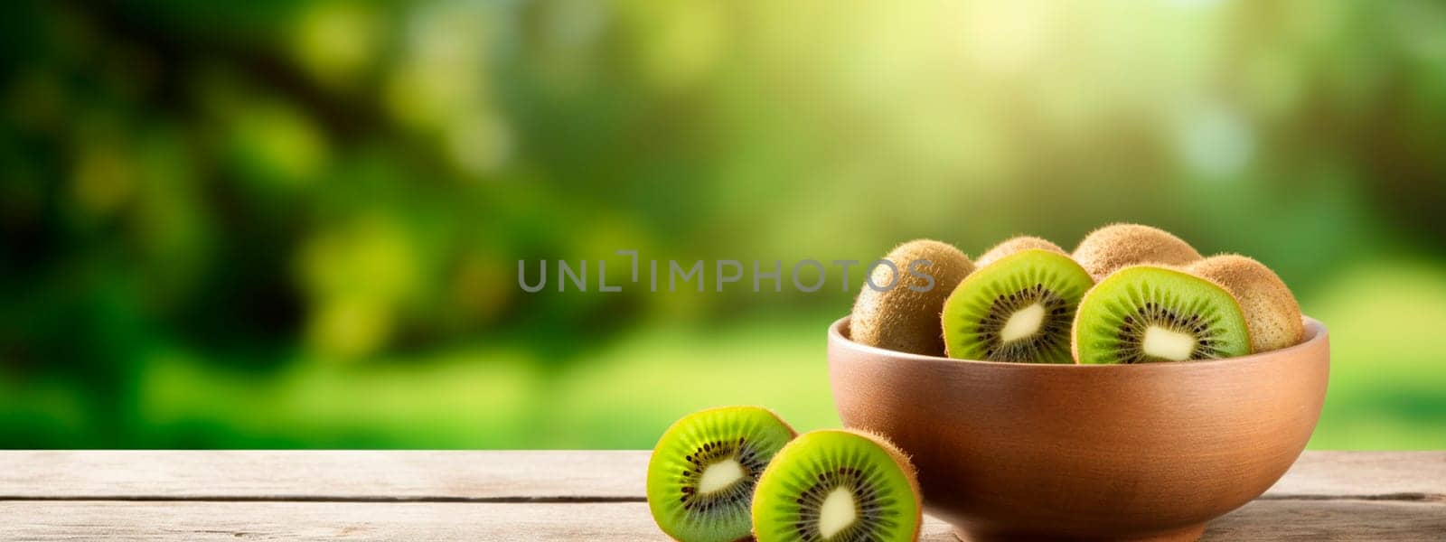 Kiwi in a bowl against the backdrop of the garden. Selective focus. Food.