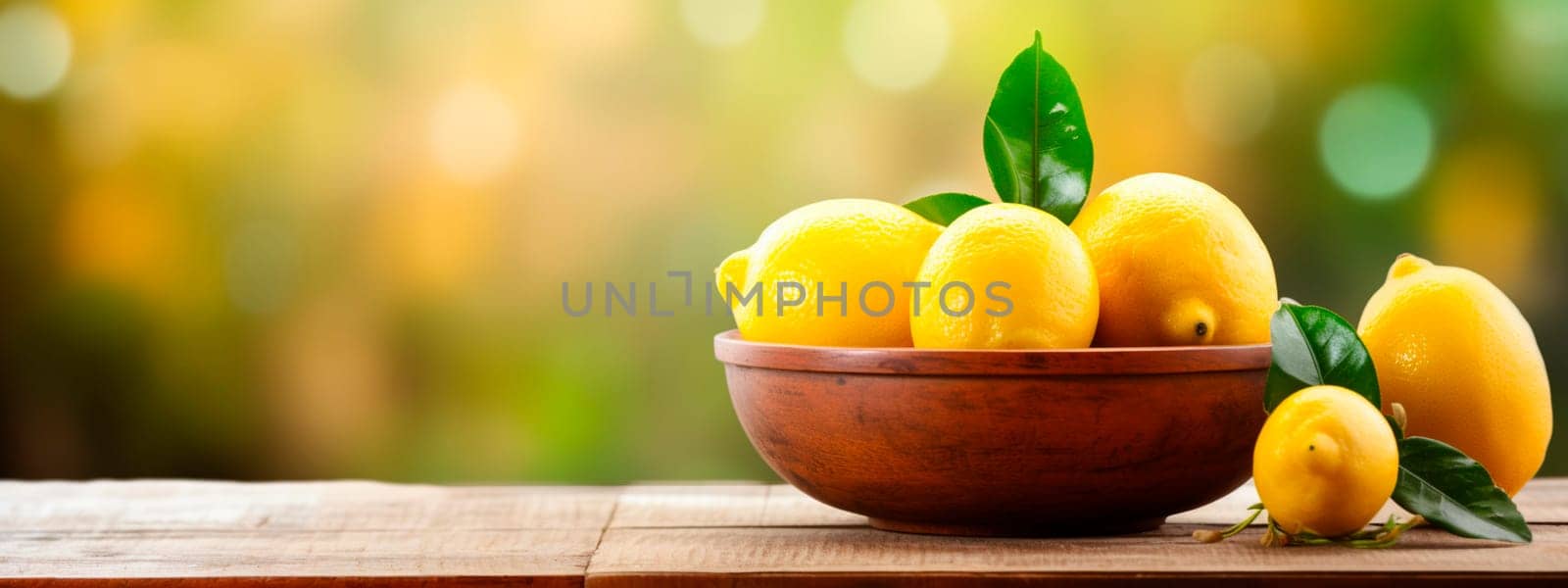Lemons in a bowl against the backdrop of the garden. Selective focus. Food.