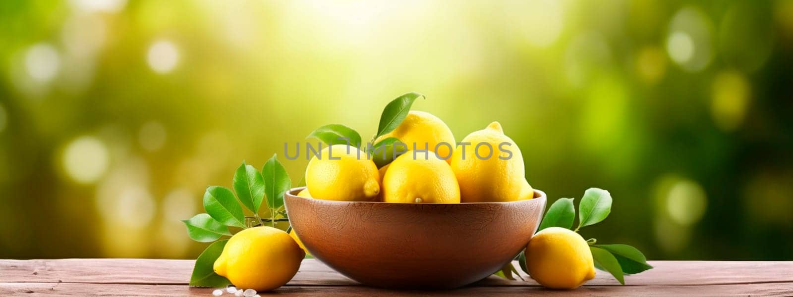 Lemons in a bowl against the backdrop of the garden. Selective focus. by yanadjana