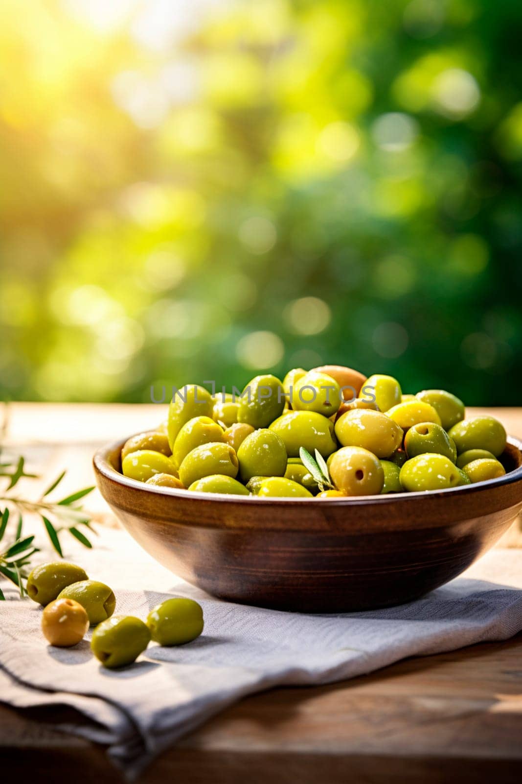 Olives in a bowl against the backdrop of the garden. Selective focus. Food.