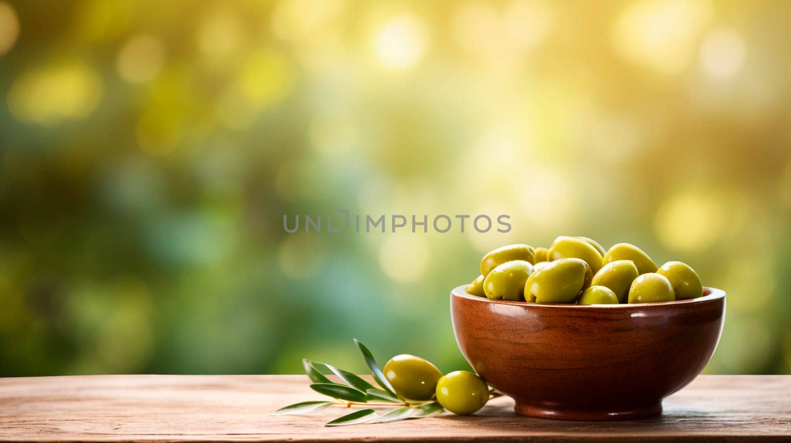 Olives in a bowl against the backdrop of the garden. Selective focus. Food.