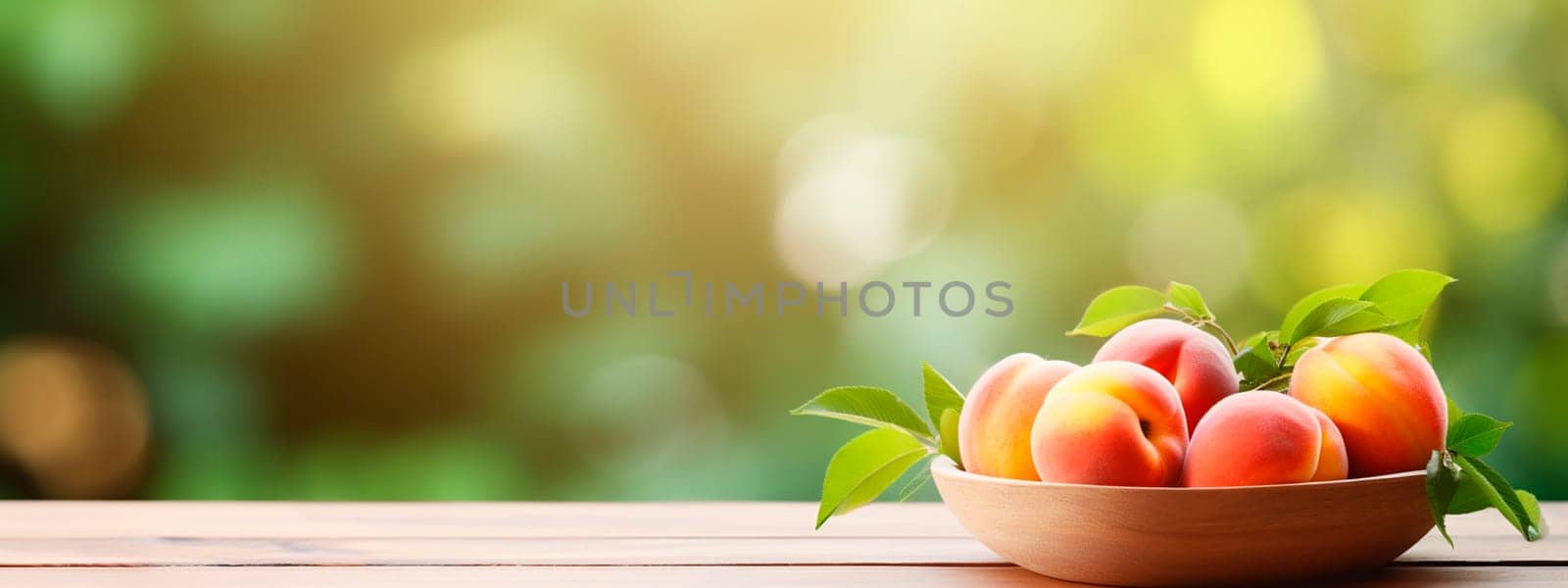 Peaches in a bowl in the garden. Selective focus. Food.