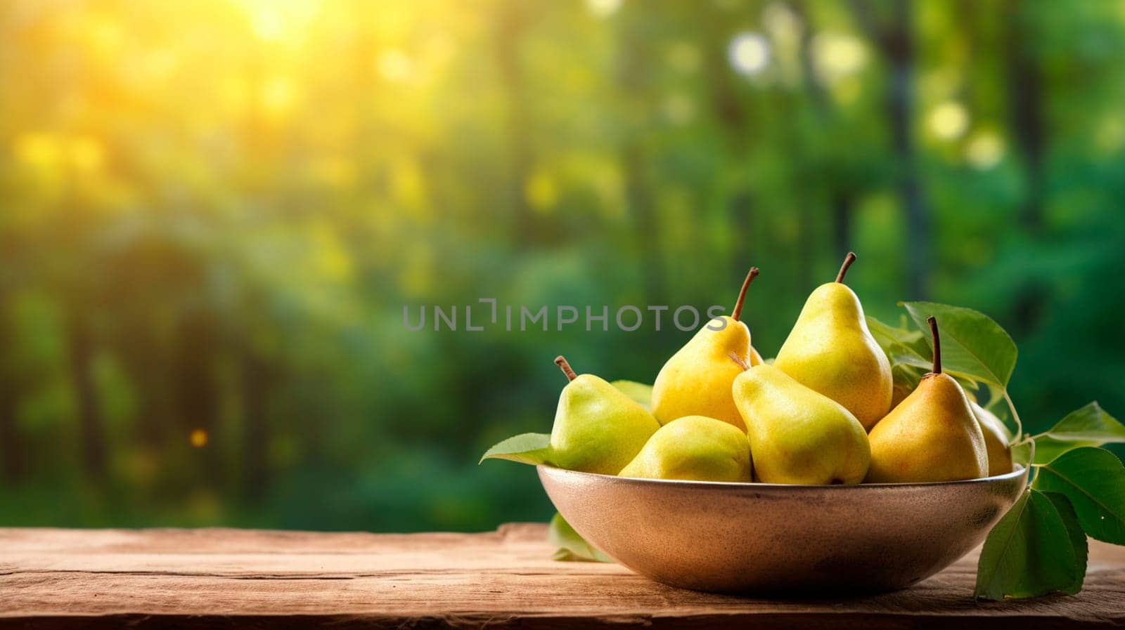 Pears in a bowl in the garden. Selective focus. Food.