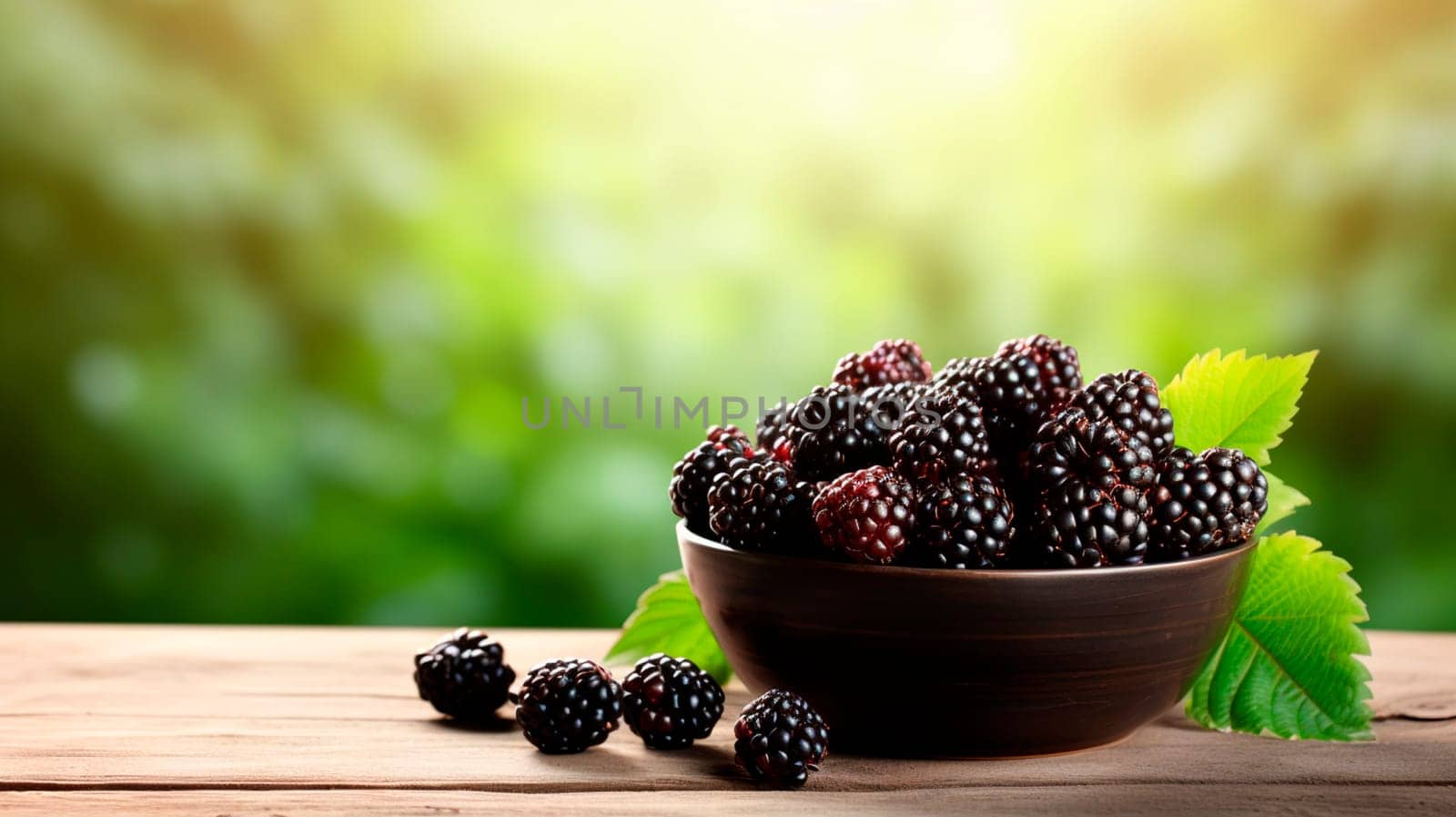 Blackberries in a bowl in the garden. Selective focus. Food.