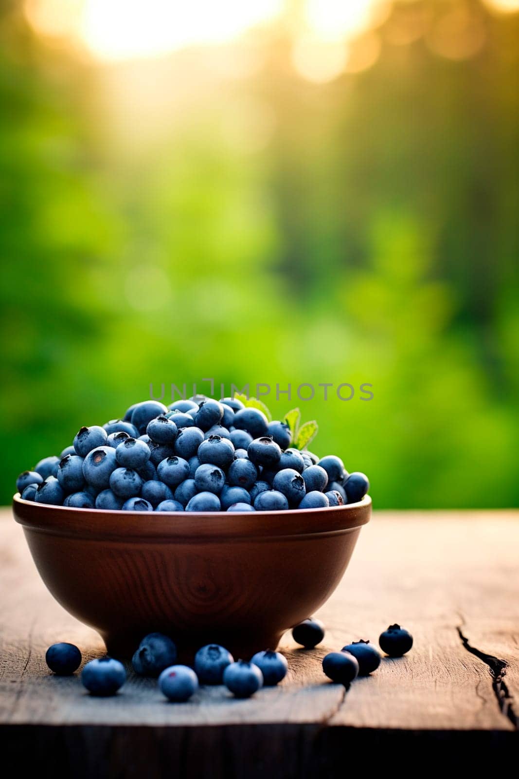 Blueberries in a bowl in the garden. Selective focus. Food.