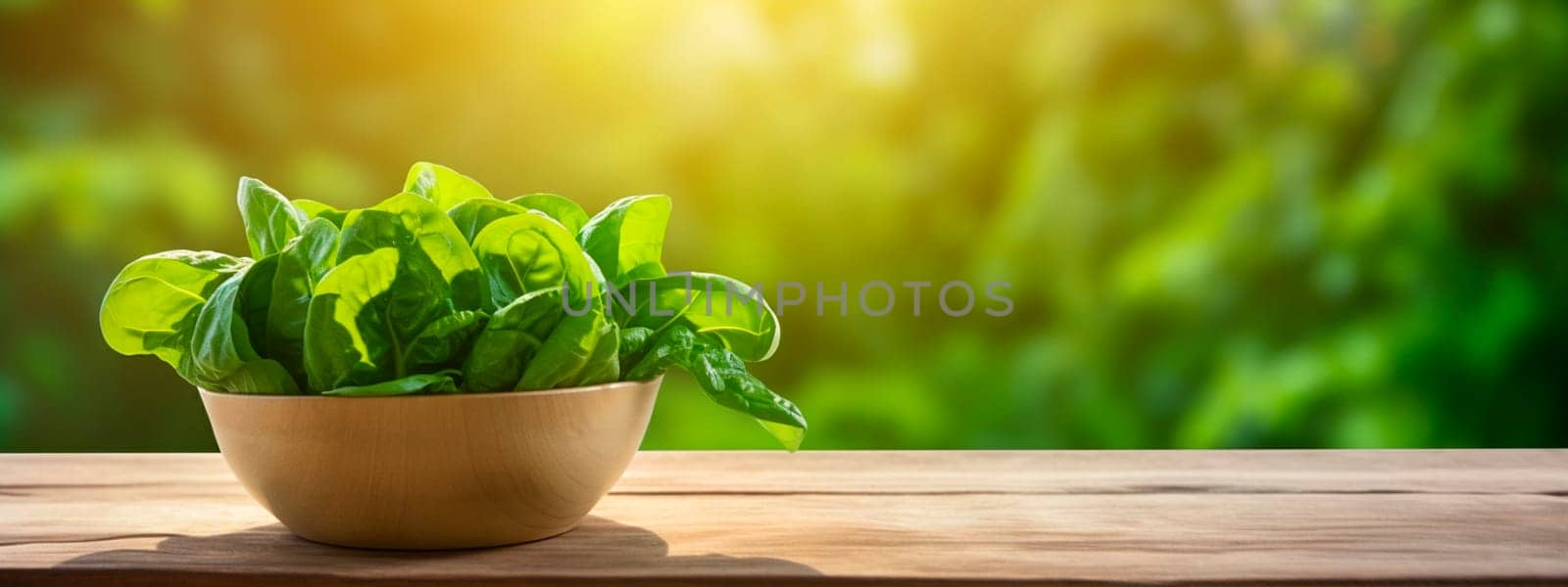 Spinach in a bowl in the garden. Selective focus. Food.