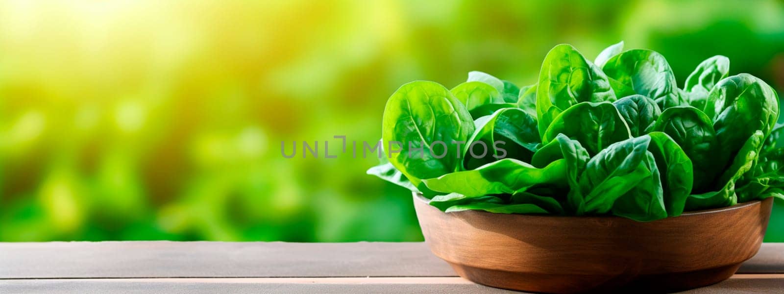 Spinach in a bowl in the garden. Selective focus. Food.