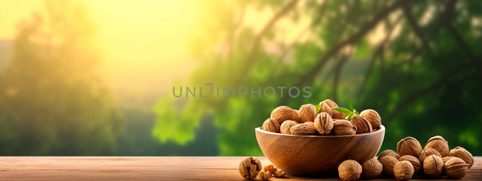 Walnut in a bowl in the garden. Selective focus. Food.