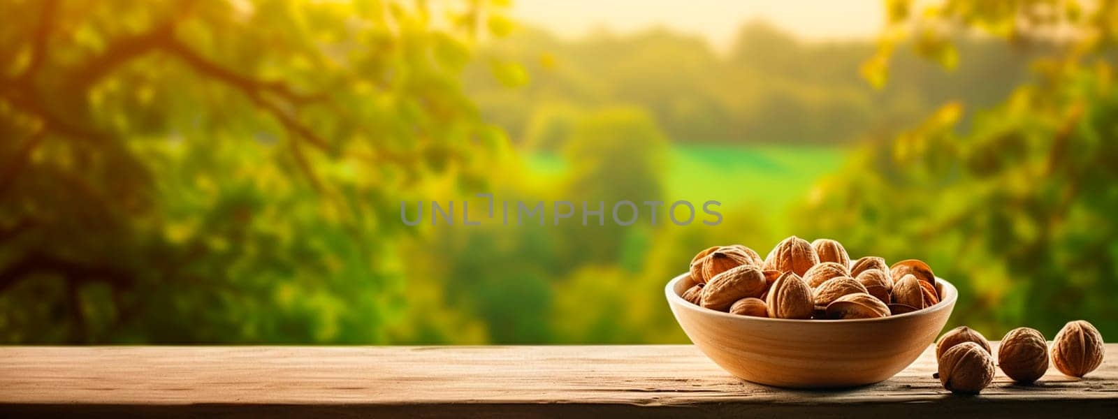 Walnut in a bowl in the garden. Selective focus. Food.