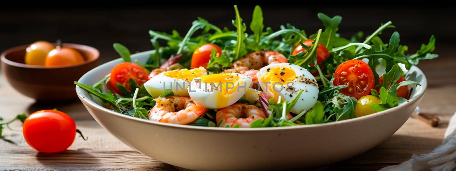 Salad with egg in a plate. Selective focus. Food.