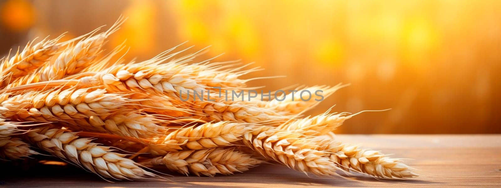 Spikelets of wheat on a table in a field. Selective focus. Food.
