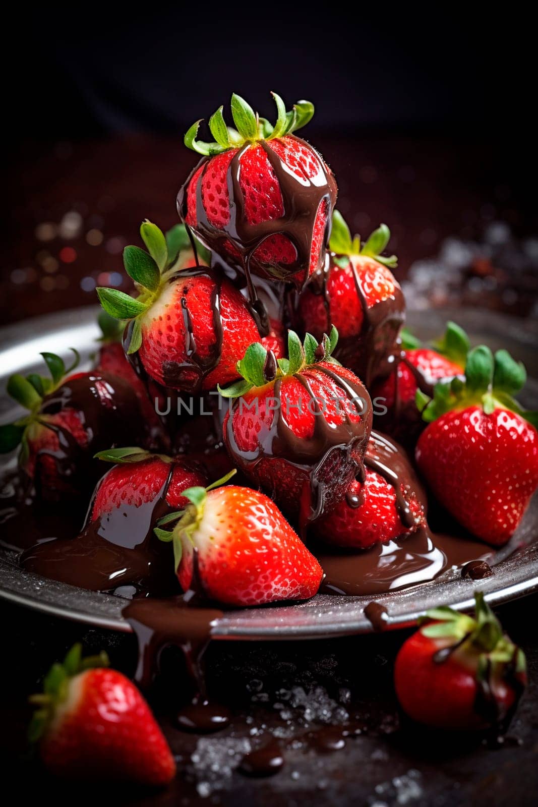 Chocolate covered strawberries on the table. Selective focus. by yanadjana