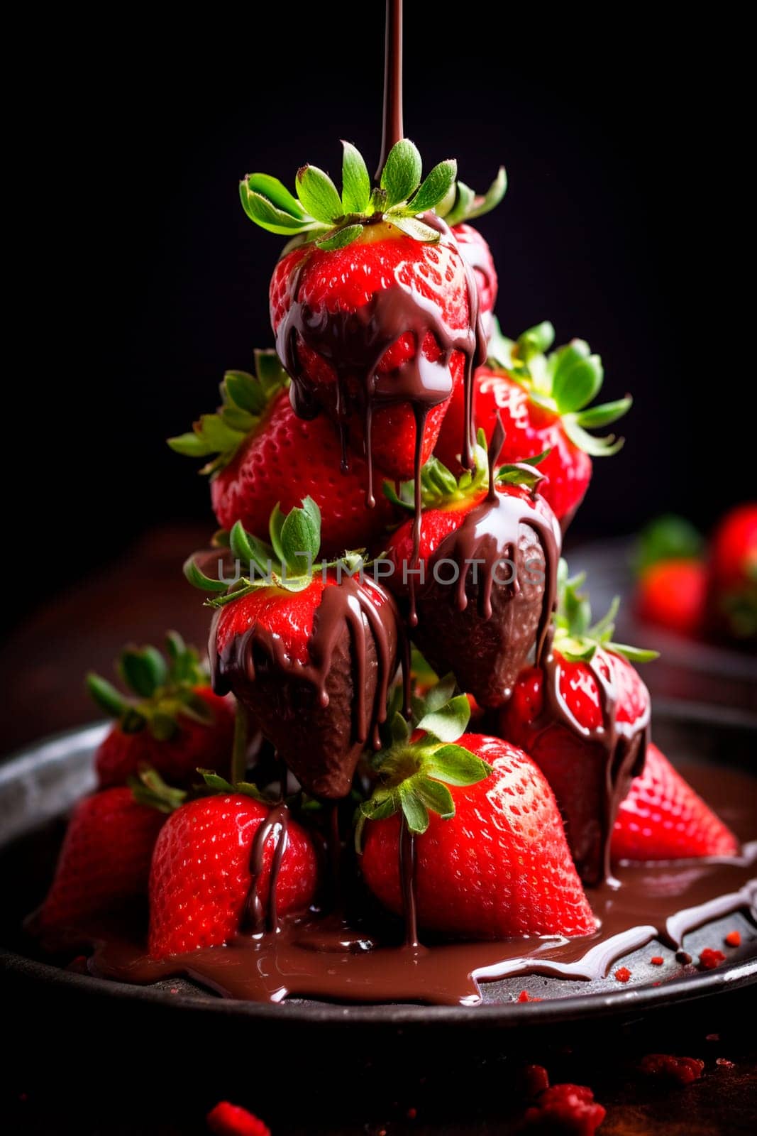 Chocolate covered strawberries on the table. Selective focus. by yanadjana