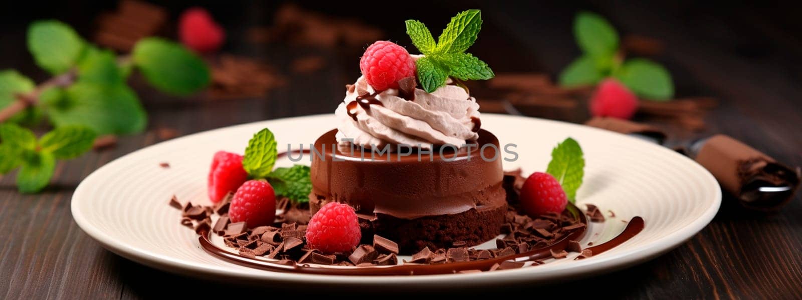 Chocolate mousse dessert on a plate in a glass. Selective focus. by yanadjana