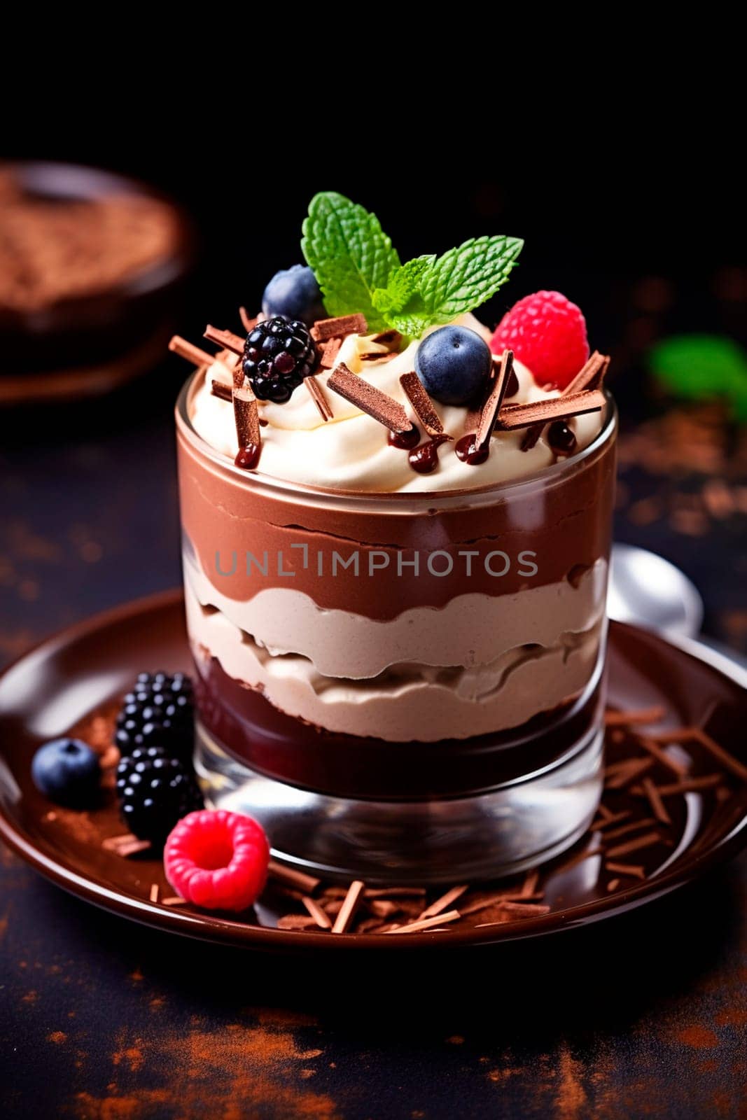 Chocolate mousse dessert on a plate in a glass. Selective focus. by yanadjana