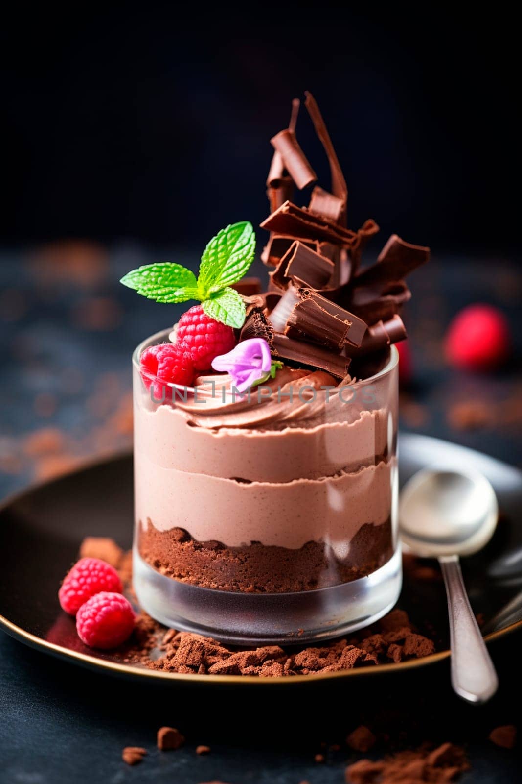 Chocolate mousse dessert on a plate in a glass. Selective focus. by yanadjana