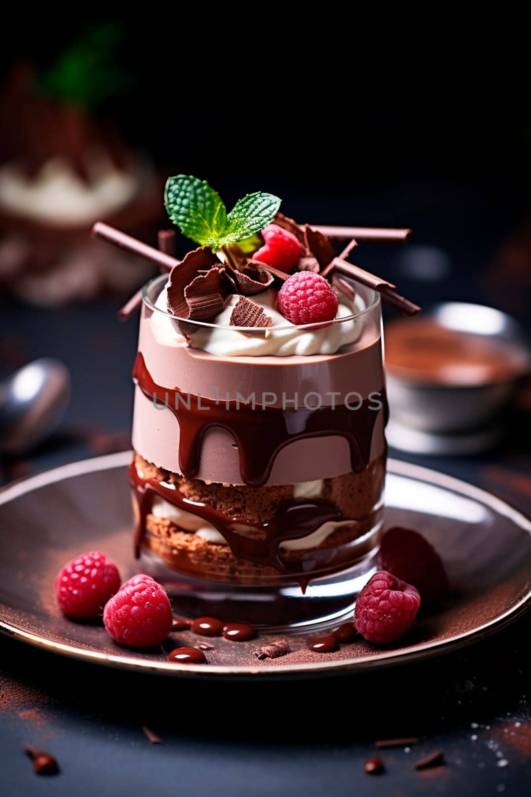 Chocolate mousse dessert on a plate in a glass. Selective focus. Food.