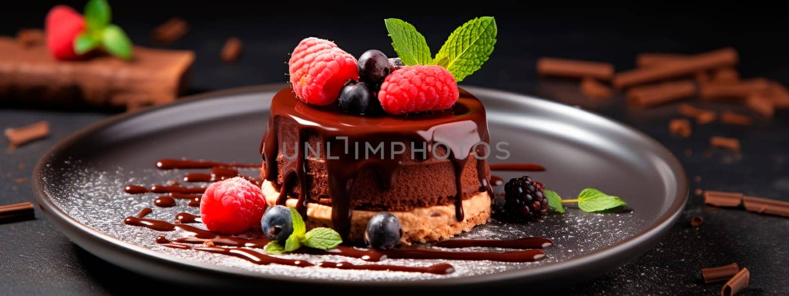 Chocolate mousse dessert on a plate in a glass. Selective focus. Food.