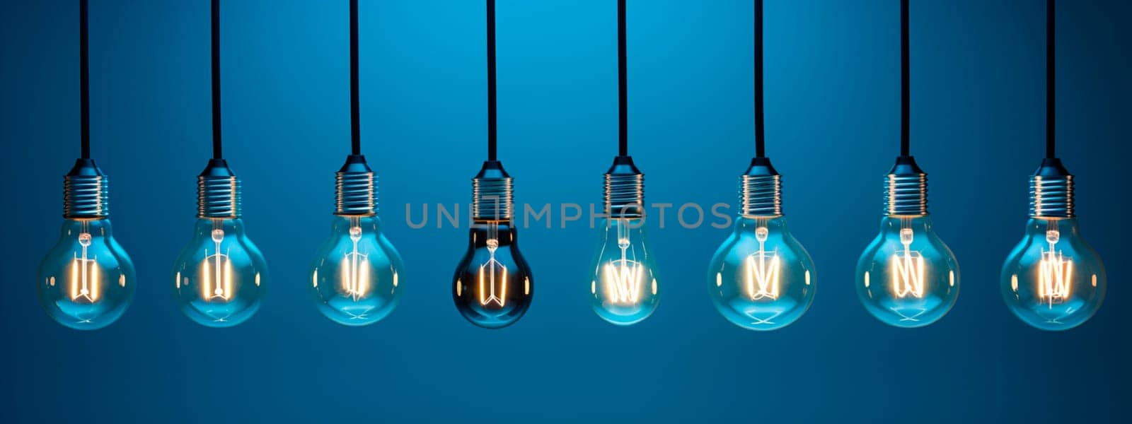 Many light bulbs on a blue background. Selective focus. Light.