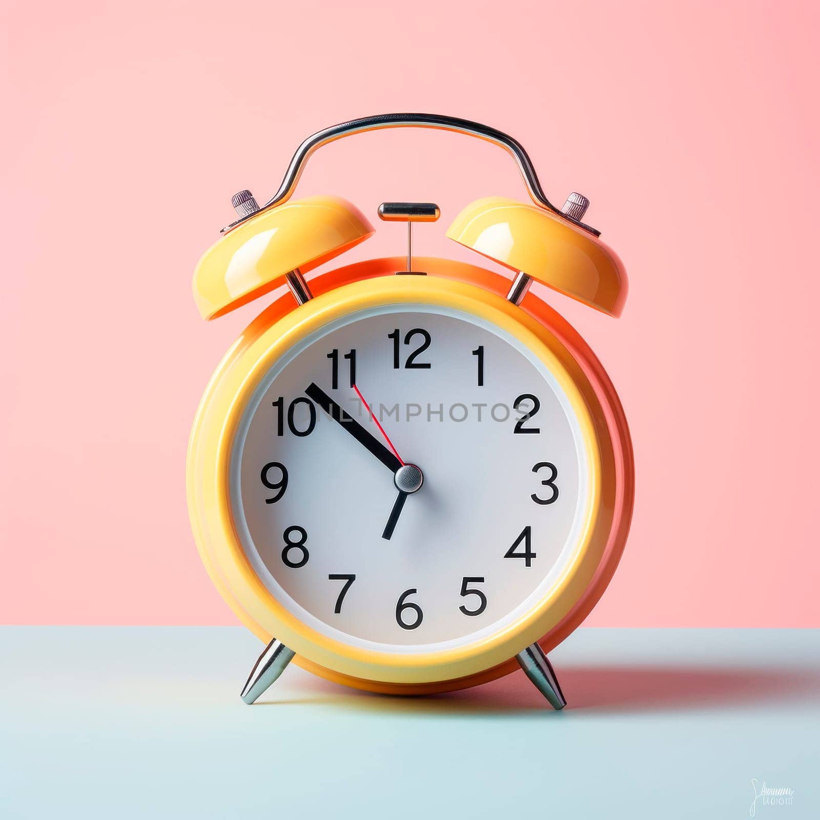 Bright alarm clock on a bright background. mockup. minimalism. switching the hands of the clock to winter time. switching the clock hands to daylight saving time.