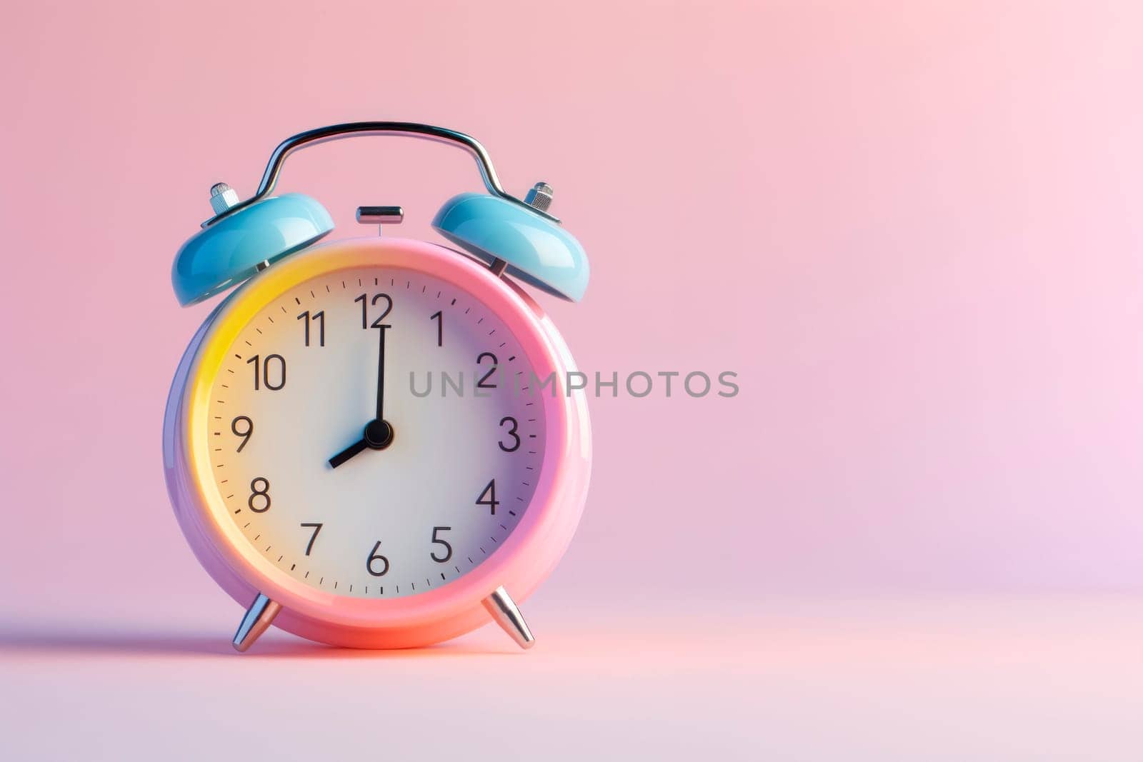 Bright alarm clock on a bright background. mockup. minimalism. switching the hands of the clock to winter time. switching the clock hands to daylight saving time.