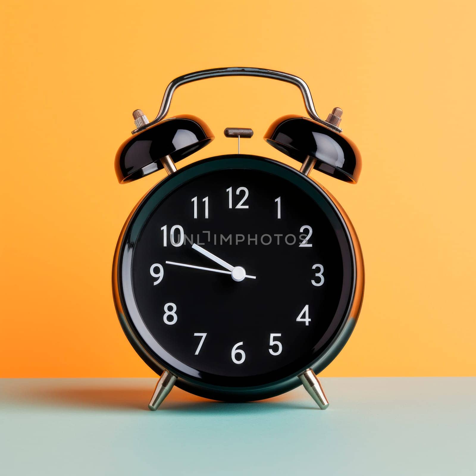 black alarm clock on a neutral background. mockup. minimalism. switching the hands of the clock to winter time. switching the clock hands to daylight saving time.
